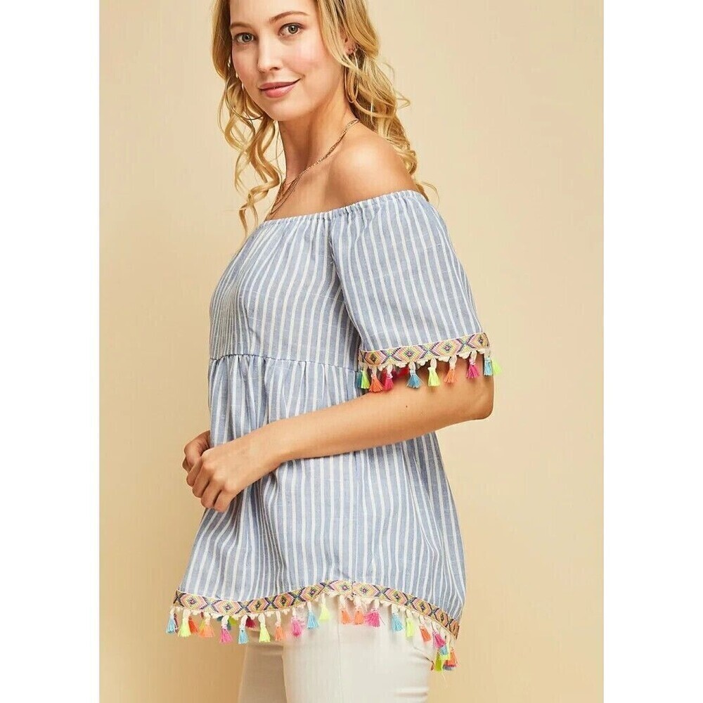 Entro Blouse‎ Top M Blue-White Haidee Pinstripe Tassel Detail Off The Shoulder